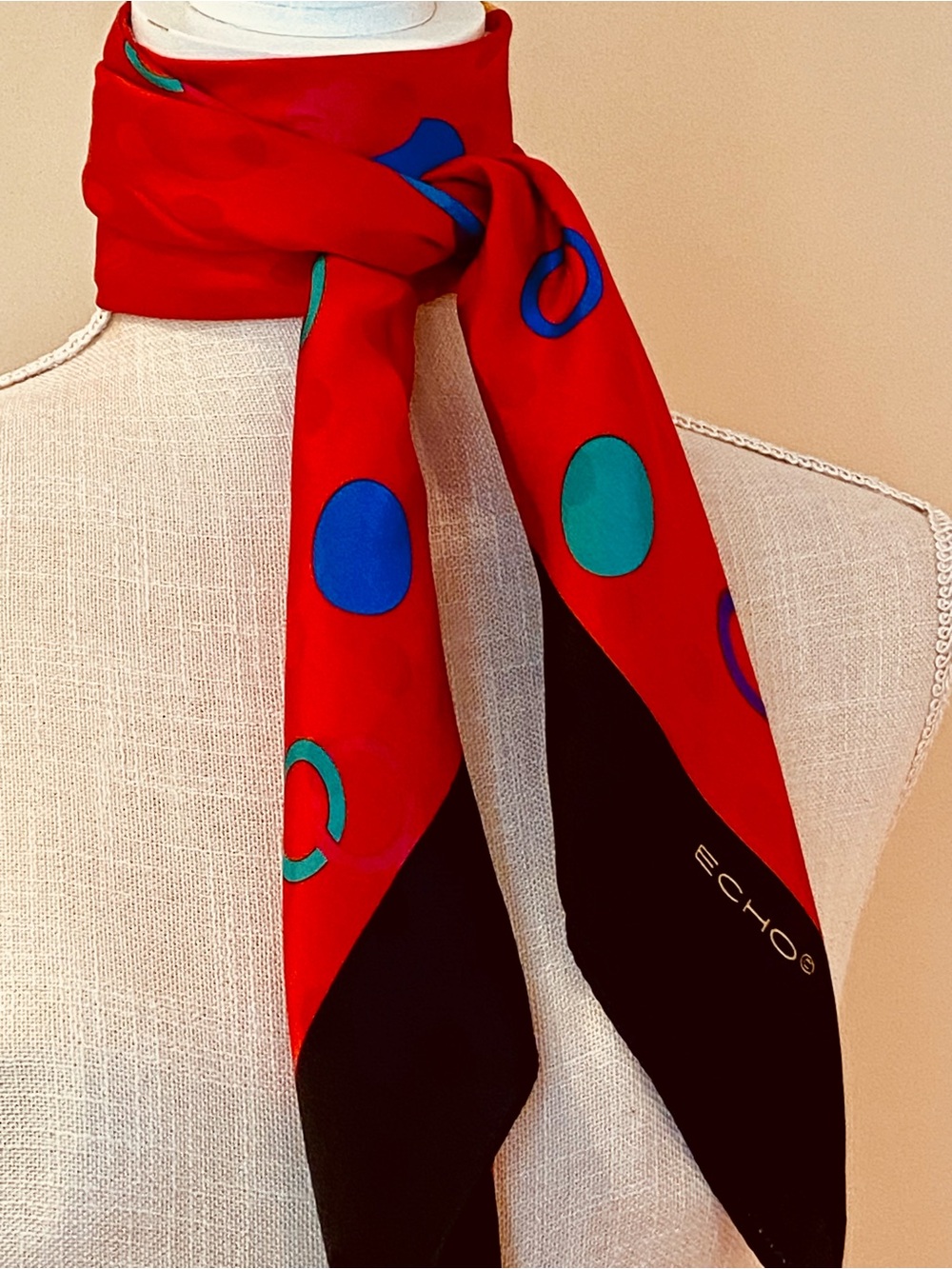 Echo Silk Scarf Vintage 80s Made in Japan Red Black
